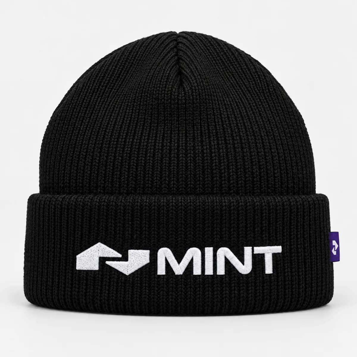 Cuffed beanie, black and purple, front view