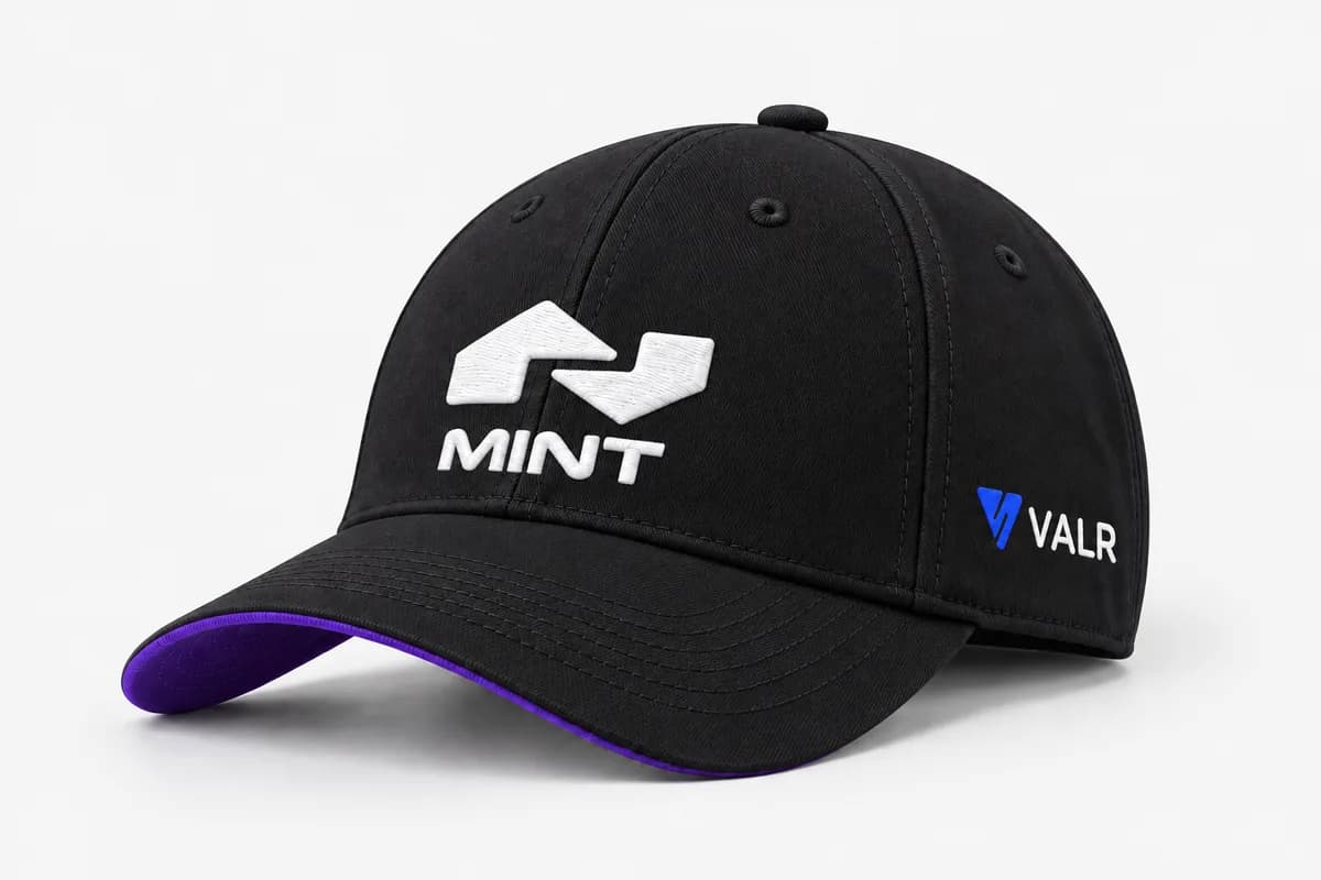 Six-panel cap, black and purple, front view