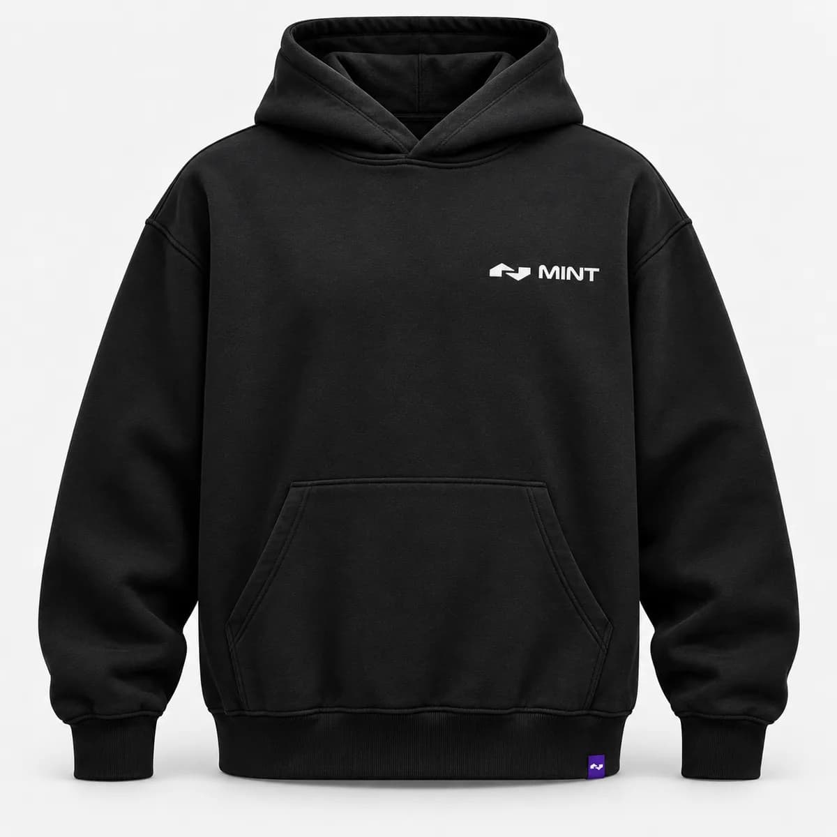 Oversized hoodie, black and purple, front view